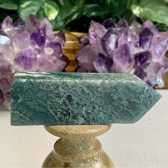 Moss Agate Crystal Tower Obelisk Energy Generator Chakra Healing Stone Wand 3.5" - Picture 10 of 14